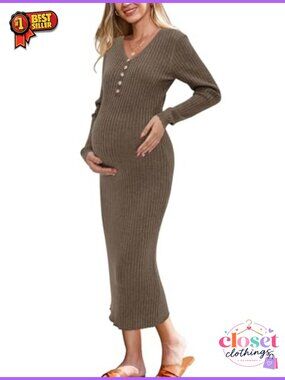 Wool Blend Maternity Sweater Dress Button Front V-Neck Bodycon